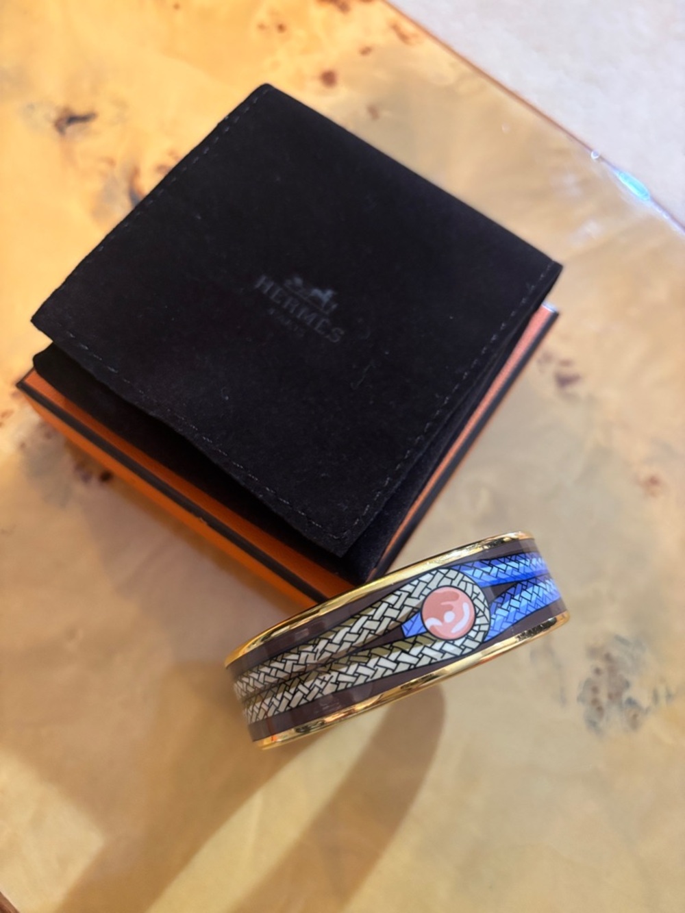 Hermes Blue and Orange Enamel Bangle with Gold Trim - Picture 2 of 3